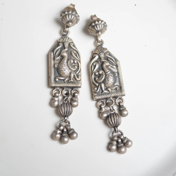 Traditional Earrings with Silver Beads Edge | Peacock Motif Silver Earring