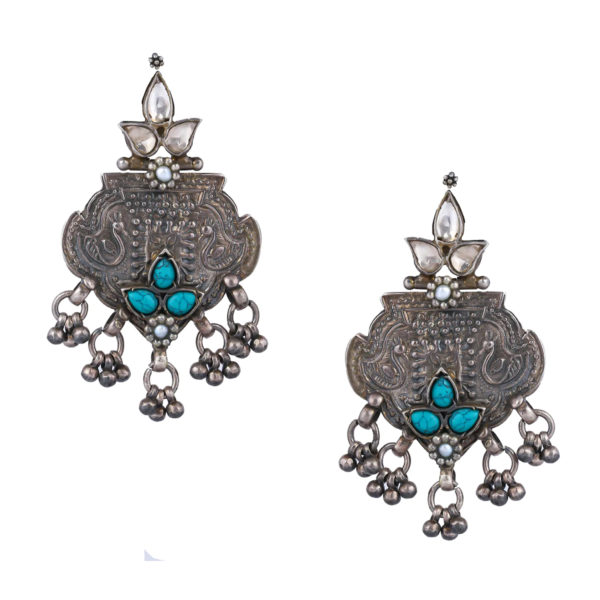 Green pearl kundan silver earrings