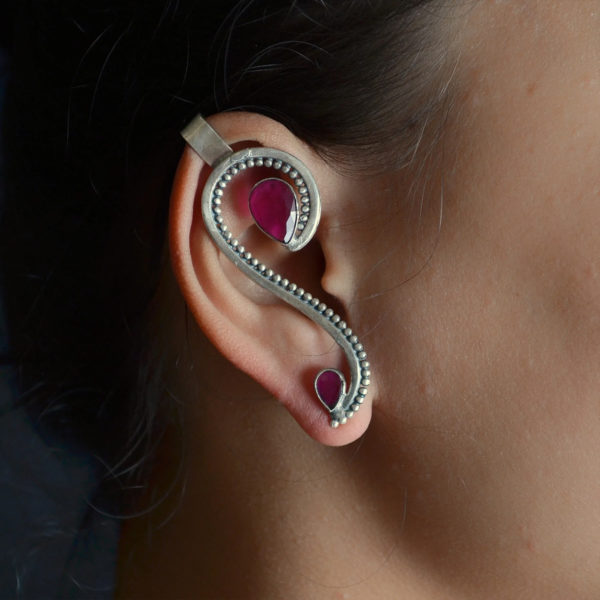 pink stone silver ear cuff