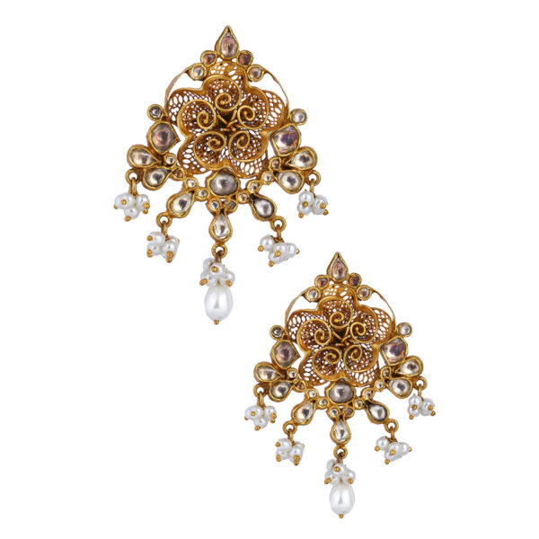 Floral kundan silver earrings(gold polish)