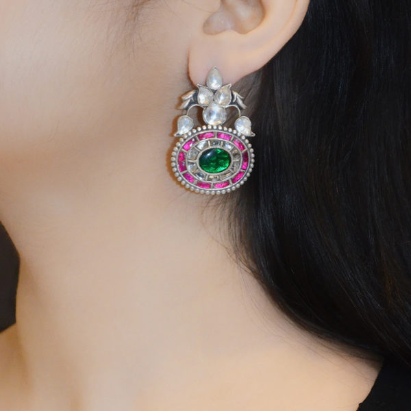 Lovely jadau silver earring | Green and pink jadau stud