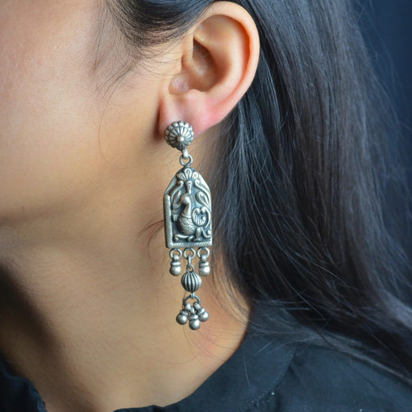 Traditional Earrings with Silver Beads Edge | Peacock Motif Silver Earring