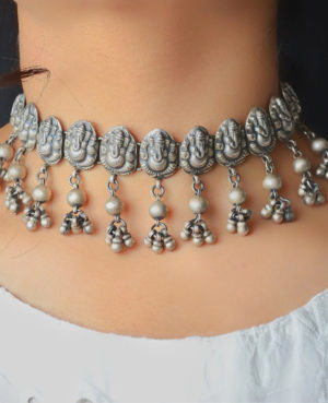 Lord Ganesha Motif Silver Choker | Traditional Design Silver Necklace